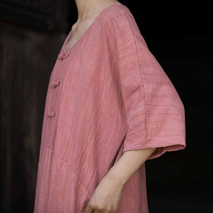 Buddha Stones Vestito midi in lino ramiè tie-dye fatto a mano con bottoni a rana e pantaloni a gamba larga con tasche - image 20