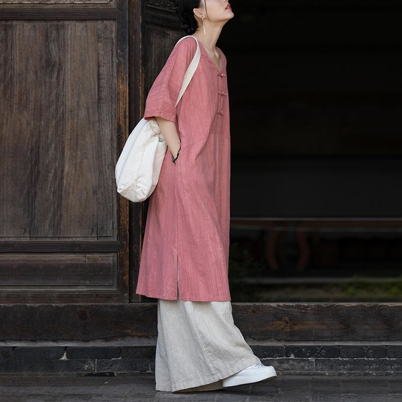 Buddha Stones Vestito midi in lino ramiè tie-dye fatto a mano con bottoni a rana e pantaloni a gamba larga con tasche - image 15