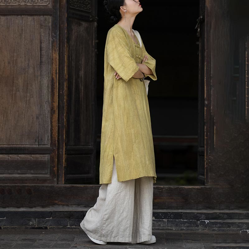 Buddha Stones Vestito midi in lino ramiè tie-dye fatto a mano con bottoni a rana e pantaloni a gamba larga con tasche - image 25