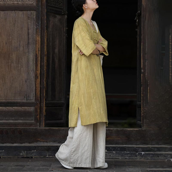 Buddha Stones Vestito midi in lino ramiè tie-dye fatto a mano con bottoni a rana e pantaloni a gamba larga con tasche - image 25