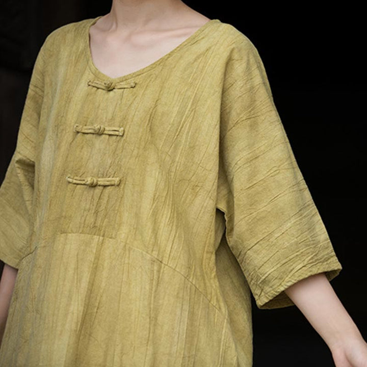 Buddha Stones Vestito midi in lino ramiè tie-dye fatto a mano con bottoni a rana e pantaloni a gamba larga con tasche - image 29