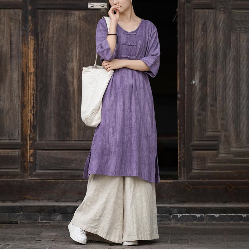 Buddha Stones Vestito midi in lino ramiè tie-dye fatto a mano con bottoni a rana e pantaloni a gamba larga con tasche - image 4