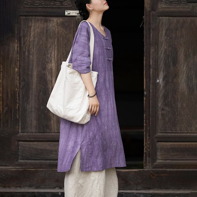 Buddha Stones Vestito midi in lino ramiè tie-dye fatto a mano con bottoni a rana e pantaloni a gamba larga con tasche - image 8