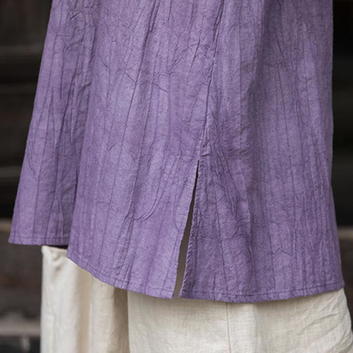 Buddha Stones Vestito midi in lino ramiè tie-dye fatto a mano con bottoni a rana e pantaloni a gamba larga con tasche