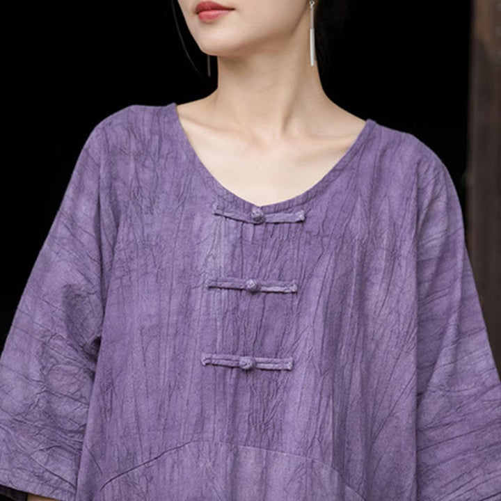 Buddha Stones Vestito midi in lino ramiè tie-dye fatto a mano con bottoni a rana e pantaloni a gamba larga con tasche - image 10