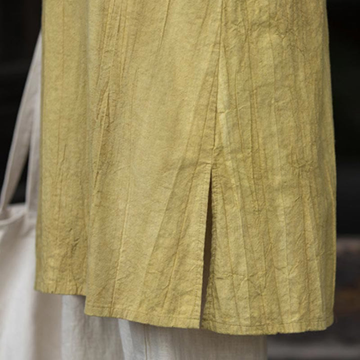 Buddha Stones Vestito midi in lino ramiè tie-dye fatto a mano con bottoni a rana e pantaloni a gamba larga con tasche