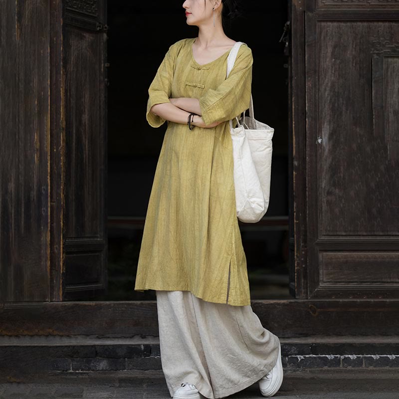 Buddha Stones Vestito midi in lino ramiè tie-dye fatto a mano con bottoni a rana e pantaloni a gamba larga con tasche - image 26