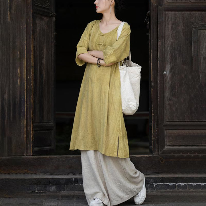 Buddha Stones Vestito midi in lino ramiè tie-dye fatto a mano con bottoni a rana e pantaloni a gamba larga con tasche - image 26