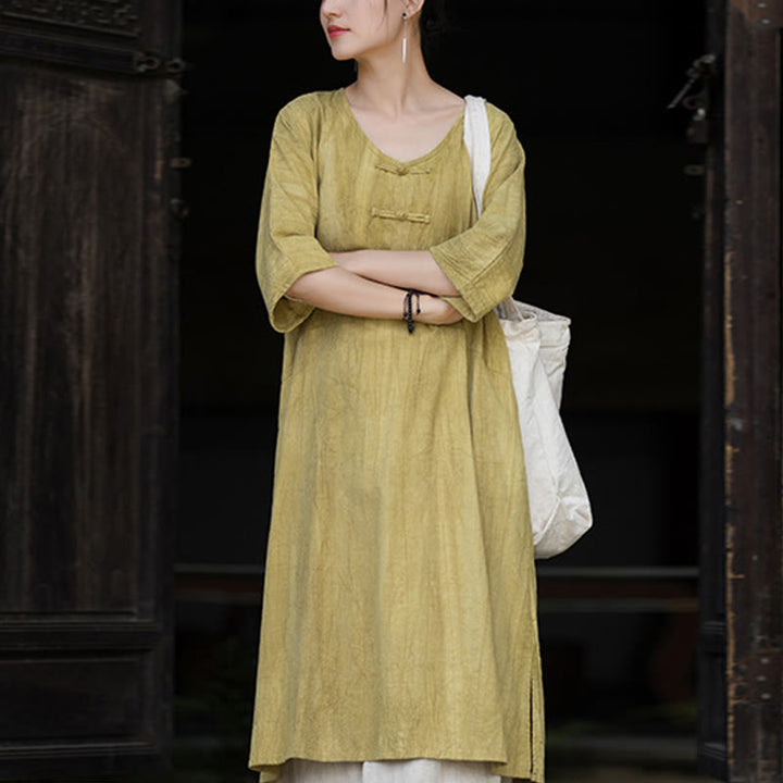 Buddha Stones Vestito midi in lino ramiè tie-dye fatto a mano con bottoni a rana e pantaloni a gamba larga con tasche - Abito giallo (solo abito) - US4-8/10， UK/AU8-12/14，EU36-40/42 (F) - image 28