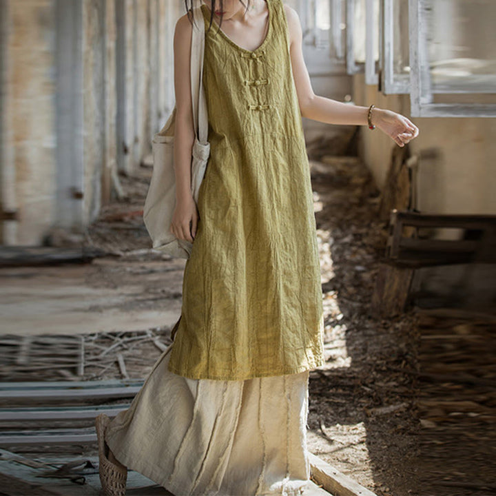 Abito da donna senza maniche in ramia e lino con bottoni a rana e tasche, lunghezza al ginocchio, con stampa Buddha Stones. - Abito giallo e pantaloni beige - US4-8/10, UK/AU8-12/14, EU36-40/42 (F) - image 0