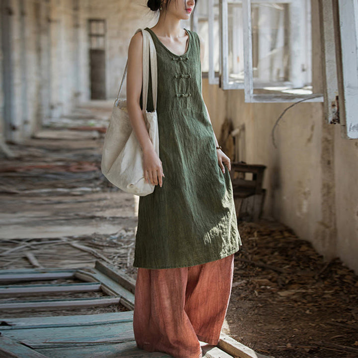Abito da donna senza maniche in ramia e lino con bottoni a rana e tasche, lunghezza al ginocchio, con stampa Buddha Stones. - Abito verde mare scuro e pantaloni rossi - US4-8/10, UK/AU8-12/14, EU36-40/42 (F) - image 18
