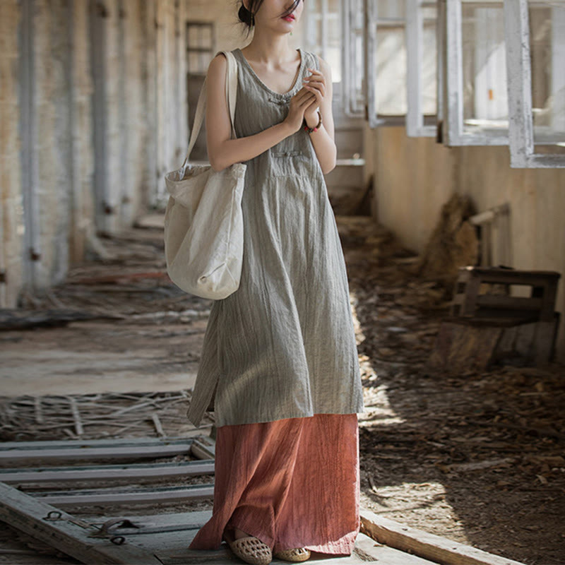 Buddha Stones Vestito midi senza maniche con bottoni a rana e pantaloni larghi in lino ramiè con tasche - Abito in lino e pantaloni rossi - US4-8/10， UK/AU8-12/14，EU36-40/42 (F) - image 11