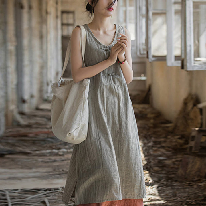 Buddha Stones Vestito midi senza maniche con bottoni a rana e pantaloni larghi in lino ramiè con tasche - Abito in lino (solo abito) - US4-8/10， UK/AU8-12/14，EU36-40/42 (F) - image 14