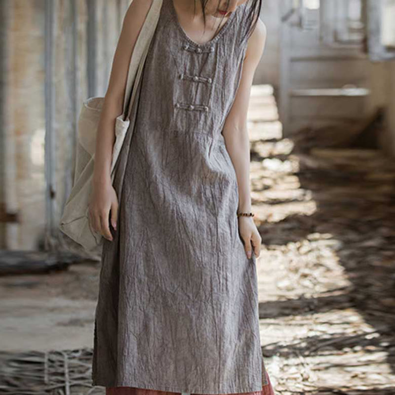 Buddha Stones Vestito midi senza maniche con bottoni a rana e pantaloni larghi in lino ramiè con tasche