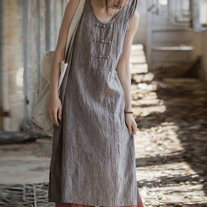 Buddha Stones Vestito midi senza maniche con bottoni a rana e pantaloni larghi in lino ramiè con tasche