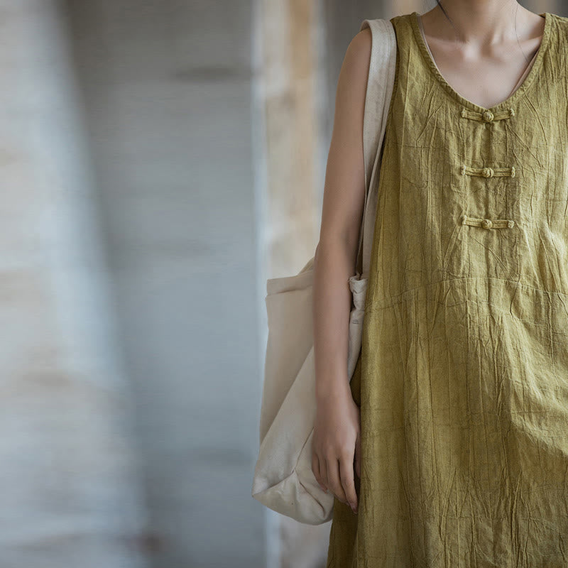 Buddha Stones Vestito midi senza maniche con bottoni a rana e pantaloni larghi in lino ramiè con tasche - image 8