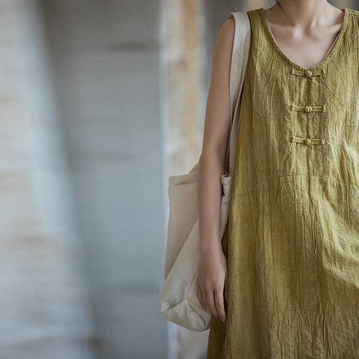 Buddha Stones Vestito midi senza maniche con bottoni a rana e pantaloni larghi in lino ramiè con tasche - image 8