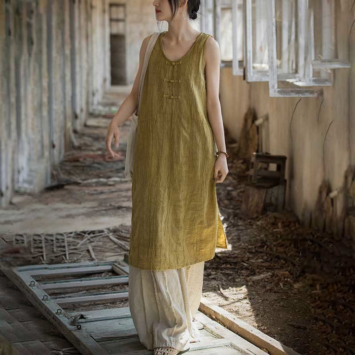 Buddha Stones Vestito midi senza maniche con bottoni a rana e pantaloni larghi in lino ramiè con tasche