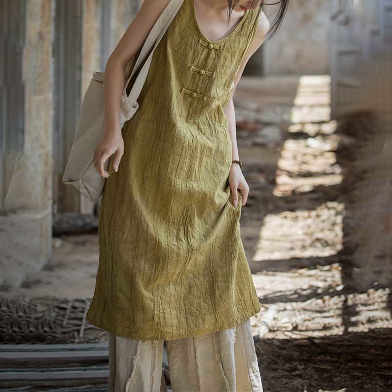 Buddha Stones Vestito midi senza maniche con bottoni a rana e pantaloni larghi in lino ramiè con tasche
