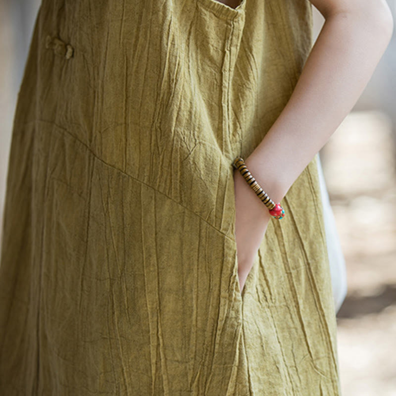 Buddha Stones Vestito midi senza maniche con bottoni a rana e pantaloni larghi in lino ramiè con tasche - image 9