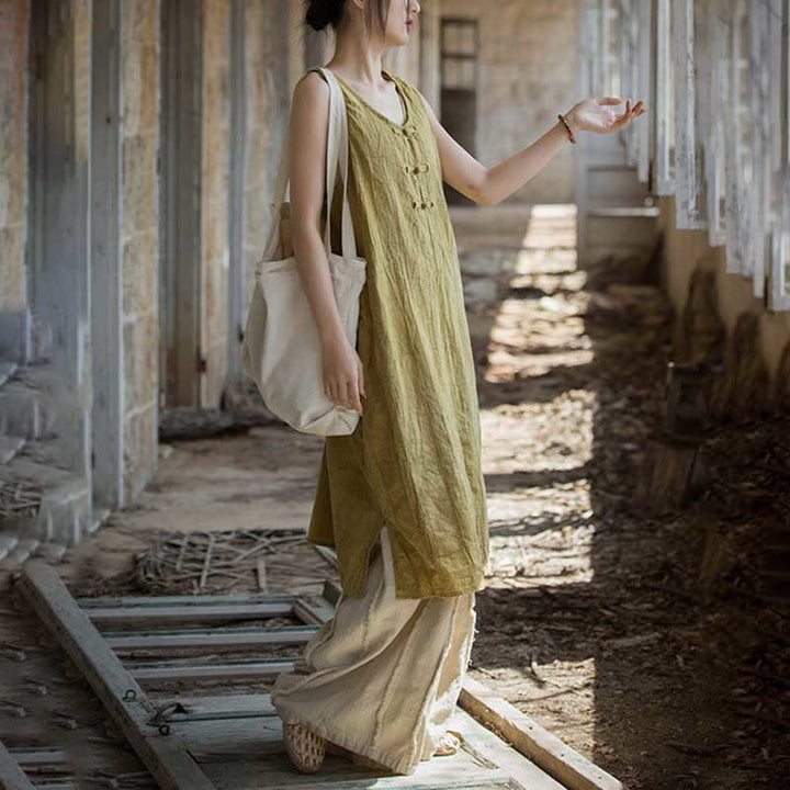 Buddha Stones Vestito midi senza maniche con bottoni a rana e pantaloni larghi in lino ramiè con tasche