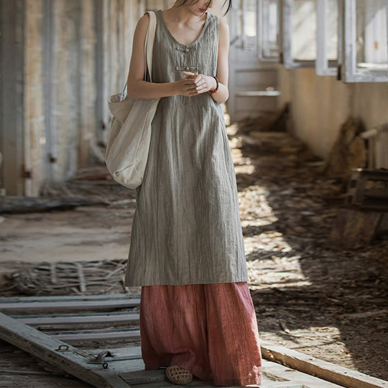 Buddha Stones Vestito midi senza maniche con bottoni a rana e pantaloni larghi in lino ramiè con tasche