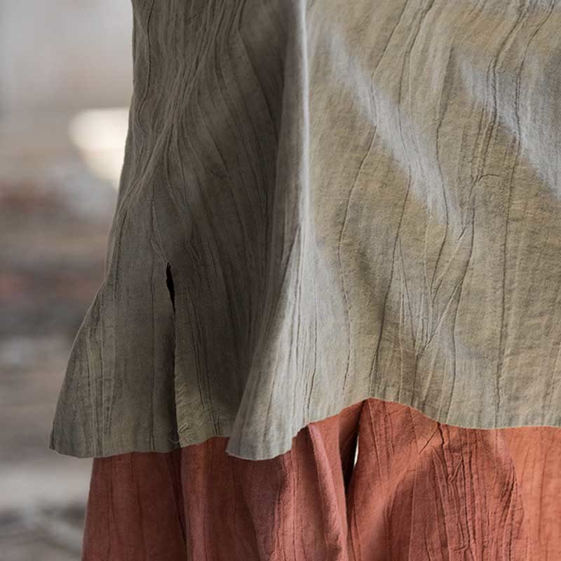Buddha Stones Vestito midi senza maniche con bottoni a rana e pantaloni larghi in lino ramiè con tasche