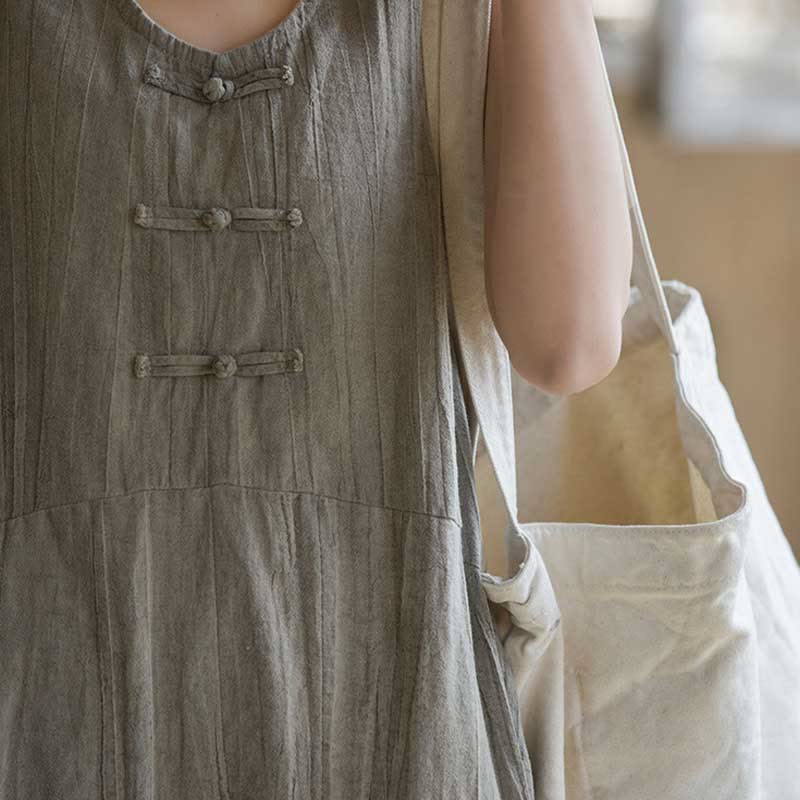 Abito da donna senza maniche in ramia e lino con bottoni a rana e tasche, lunghezza al ginocchio, con stampa Buddha Stones. - image 16