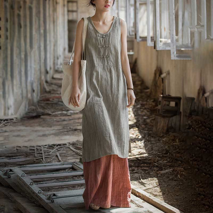Buddha Stones Vestito midi senza maniche con bottoni a rana e pantaloni larghi in lino ramiè con tasche