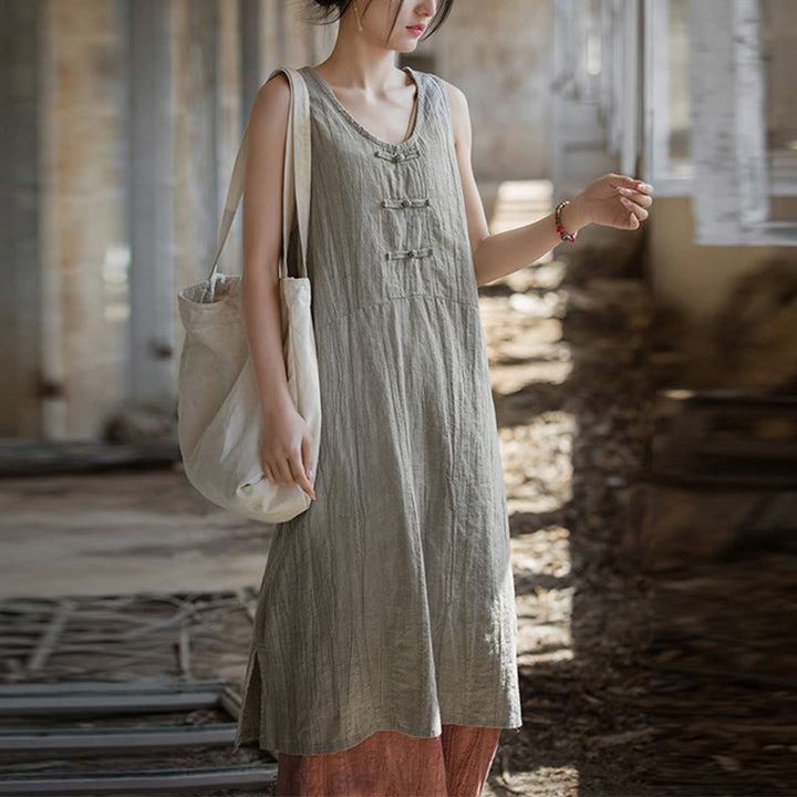 Buddha Stones Vestito midi senza maniche con bottoni a rana e pantaloni larghi in lino ramiè con tasche
