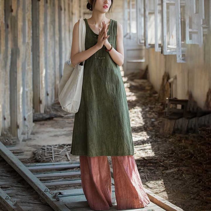 Buddha Stones Vestito midi senza maniche con bottoni a rana e pantaloni larghi in lino ramiè con tasche