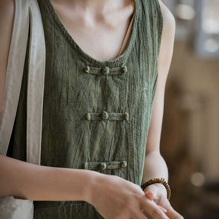 Buddha Stones Vestito midi senza maniche con bottoni a rana e pantaloni larghi in lino ramiè con tasche - image 24