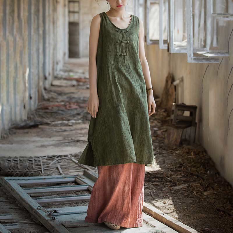 Buddha Stones Vestito midi senza maniche con bottoni a rana e pantaloni larghi in lino ramiè con tasche