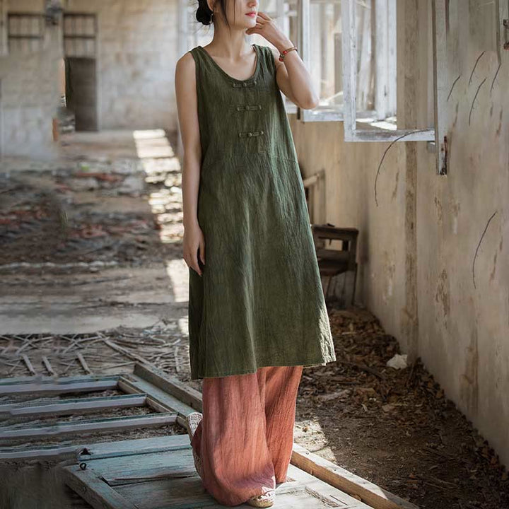 Buddha Stones Vestito midi senza maniche con bottoni a rana e pantaloni larghi in lino ramiè con tasche