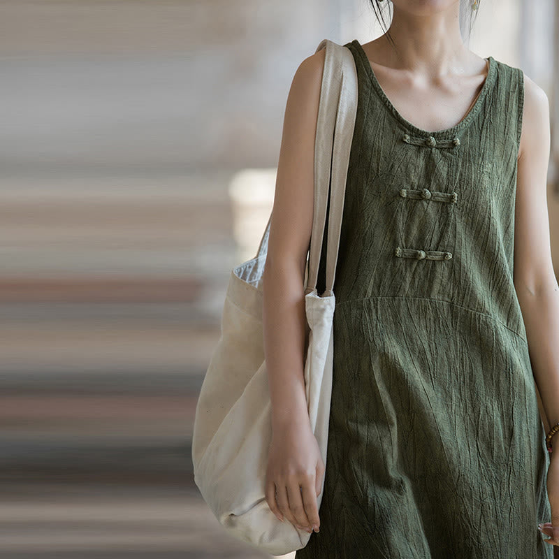Buddha Stones Vestito midi senza maniche con bottoni a rana e pantaloni larghi in lino ramiè con tasche - image 25