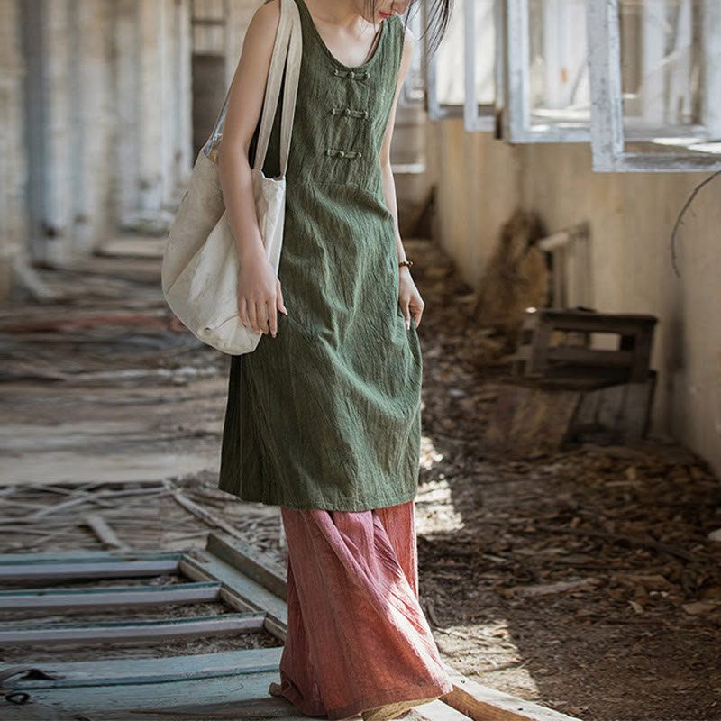 Buddha Stones Vestito midi senza maniche con bottoni a rana e pantaloni larghi in lino ramiè con tasche