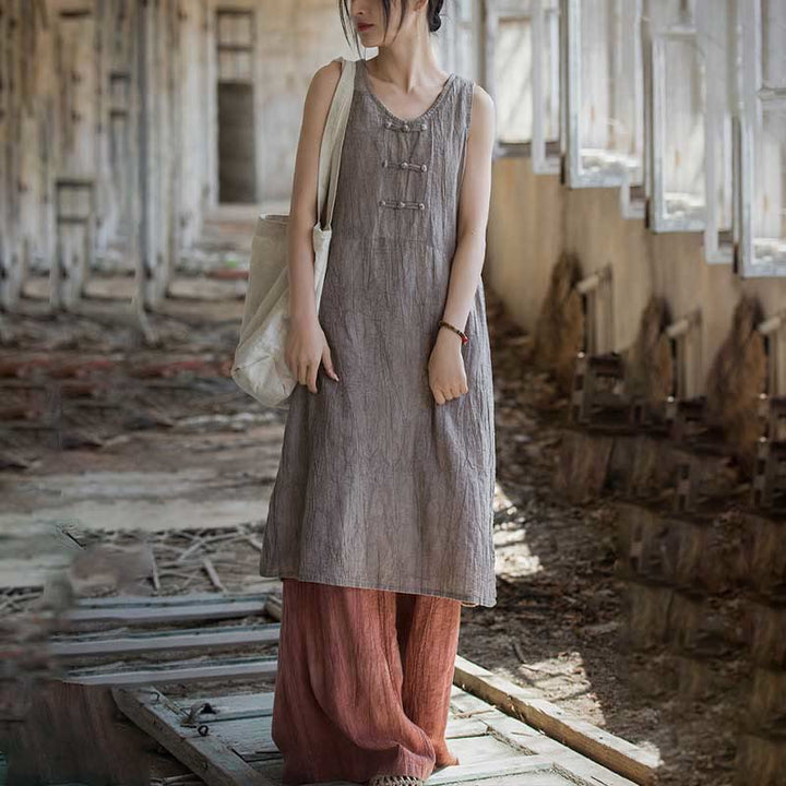 Buddha Stones Vestito midi senza maniche con bottoni a rana e pantaloni larghi in lino ramiè con tasche