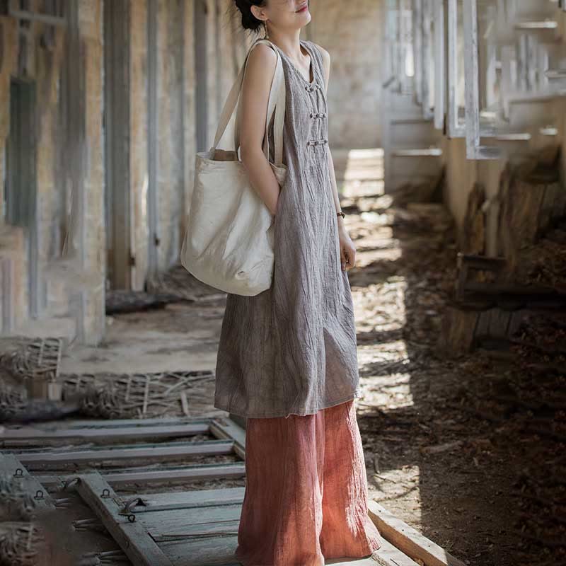 Buddha Stones Vestito midi senza maniche con bottoni a rana e pantaloni larghi in lino ramiè con tasche