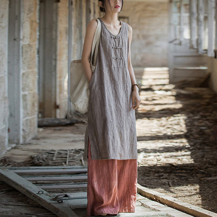 Buddha Stones Vestito midi senza maniche con bottoni a rana e pantaloni larghi in lino ramiè con tasche