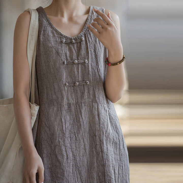 Buddha Stones Vestito midi senza maniche con bottoni a rana e pantaloni larghi in lino ramiè con tasche - image 32