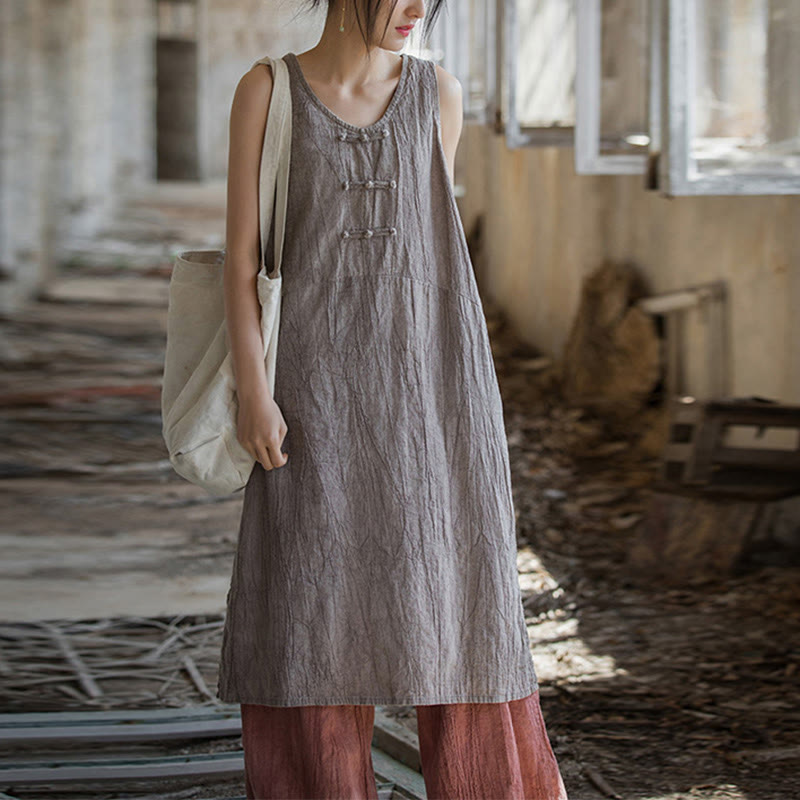 Buddha Stones Vestito midi senza maniche con bottoni a rana e pantaloni larghi in lino ramiè con tasche