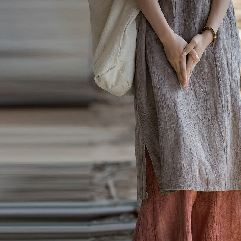 Buddha Stones Vestito midi senza maniche con bottoni a rana e pantaloni larghi in lino ramiè con tasche - image 33
