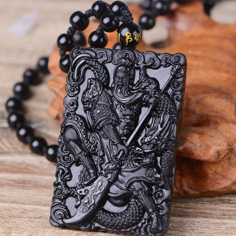Buddha Stones Amuleto Guan Gong Ossidiana Nera Inciso Forza Collana Pendente