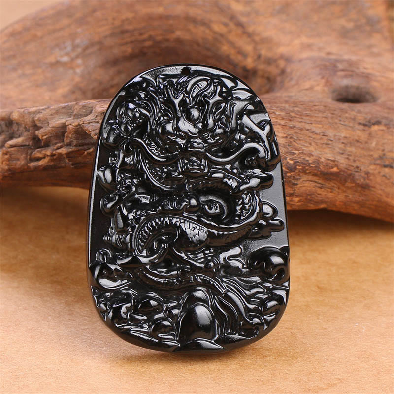 Collana con ciondolo di protezione della fortuna intagliata a forma di drago di ossidiana nera Buddha Stones - image 2