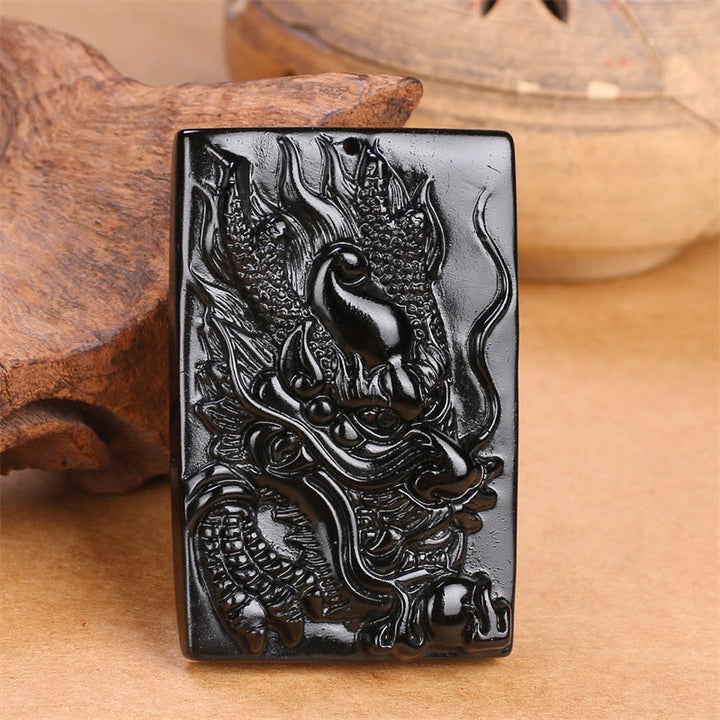 Collana con ciondolo a forma di drago rettangolare in ossidiana nera naturale Buddha Stones incisione - image 12
