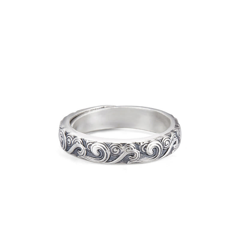 Anello regolabile con incisione e benedizione Buddha Stones in argento sterling 999 con nuvole di buon auspicio