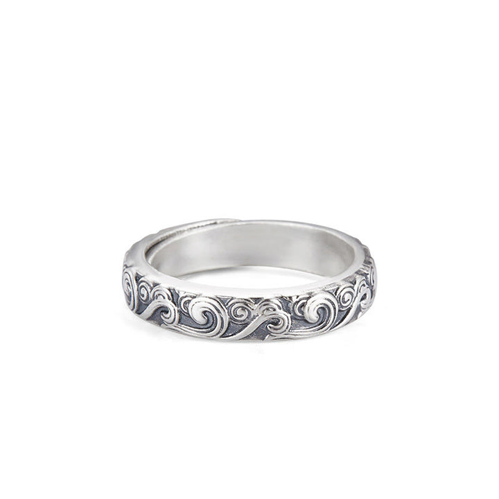 Anello regolabile con incisione e benedizione Buddha Stones in argento sterling 999 con nuvole di buon auspicio