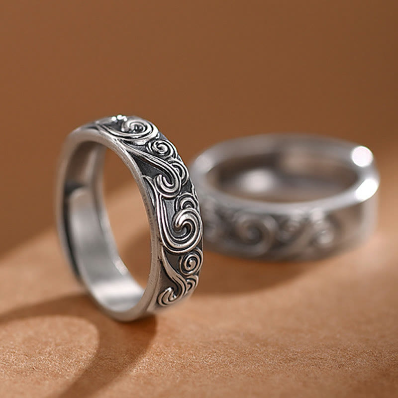 Anello regolabile con incisione e benedizione Buddha Stones in argento sterling 999 con nuvole di buon auspicio - image 0