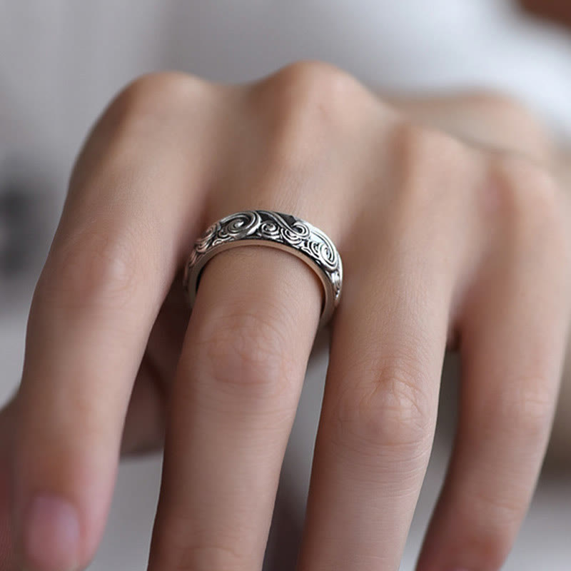 Anello regolabile con incisione e benedizione Buddha Stones in argento sterling 999 con nuvole di buon auspicio - image 10