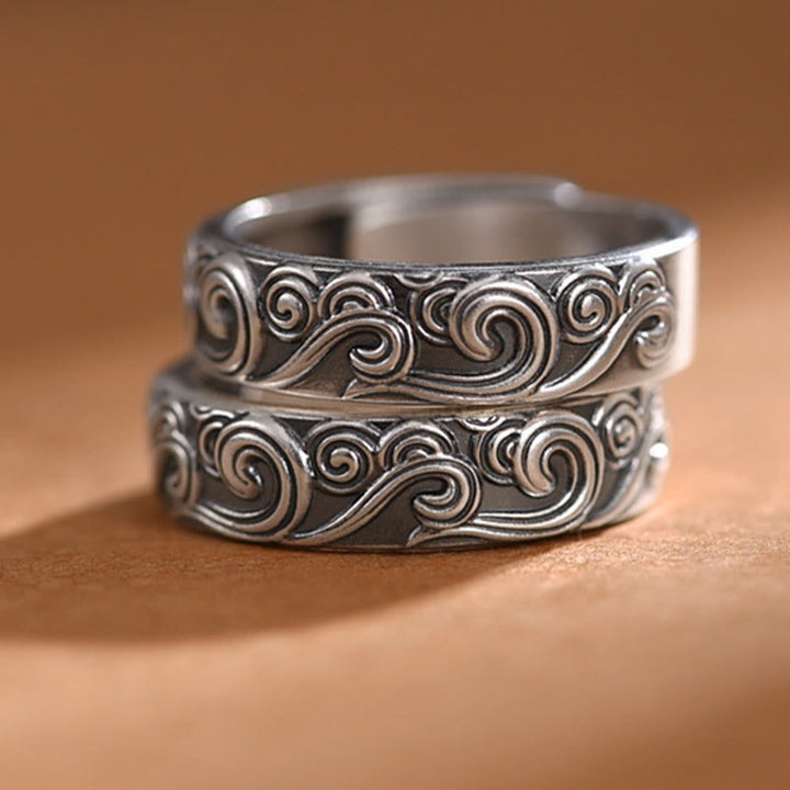 Anello regolabile con incisione e benedizione Buddha Stones in argento sterling 999 con nuvole di buon auspicio